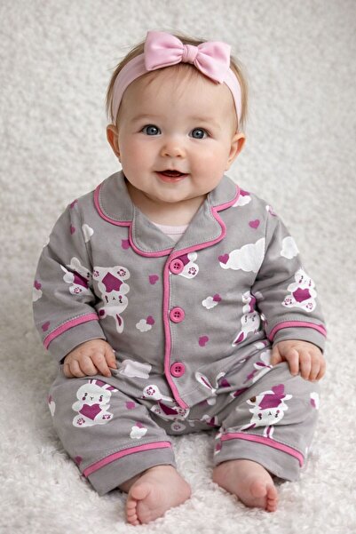 derin baby %100 Pamuk Tavşan ve Kalp Desenli Kız Bebek Pijama Takımı