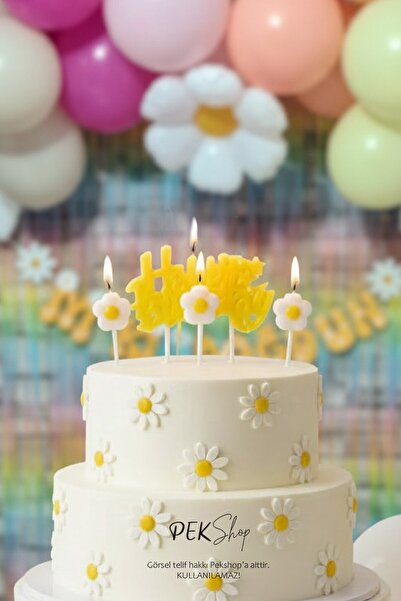 PEKSHOP Papatya Tema Happy Birthday Mum Seti 4lü Papatya Doğum Günü Pasta Mum...