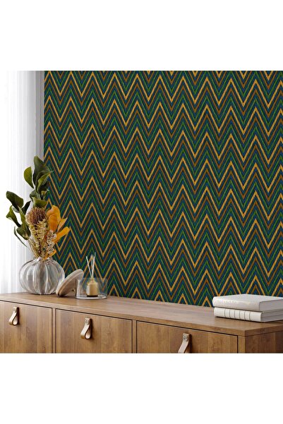 Adawall Super Washable Vinyl Wallpaper, Geometric Pattern, Green Brown Gold, ...