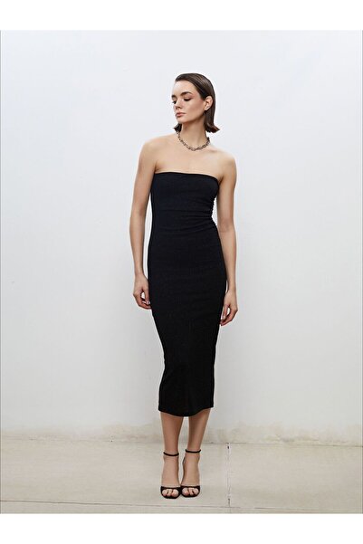 LC Waikiki Soulife Black Strapless Neckline Glitter Shirred Bodycon Dress