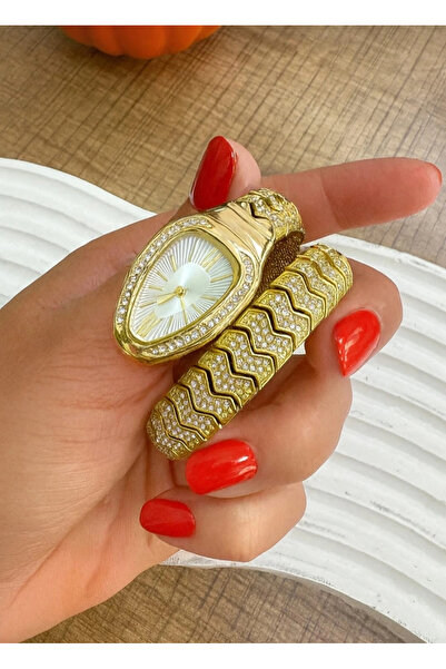captiva Altın Renk Taş Kaplama Beyaz Kadran Yılan Saat Dolamalı Saat