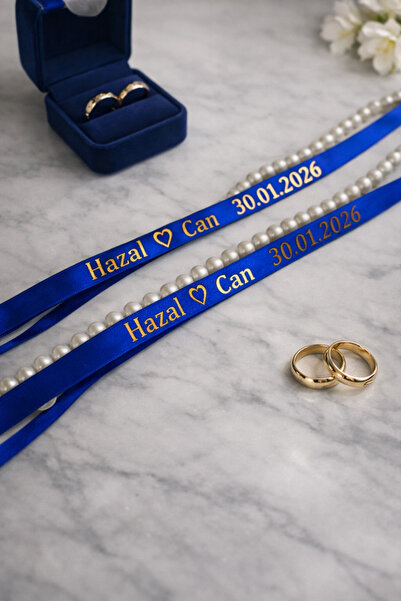 Frisson Kişiye Özel Mavi Saten Söz Nişan Kurdelesi Boncuklu