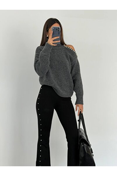 Coral 1666 Omuzları Açık Boncuklu Kazak Antrasit