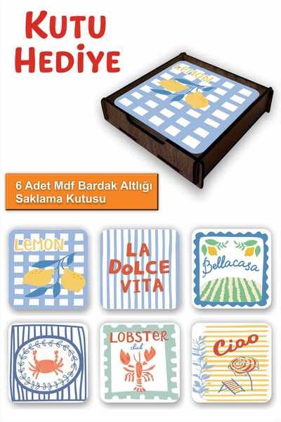 UNT 6-Piece Mdf Coaster Set with Storage Box – Decorative Mediterranean Pattern