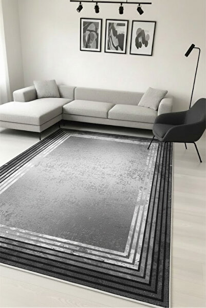 CENTER AVM Gri Siyah Halı Salon Halısı Makinede Yıkanabilir Halı Kaymaz Taban...