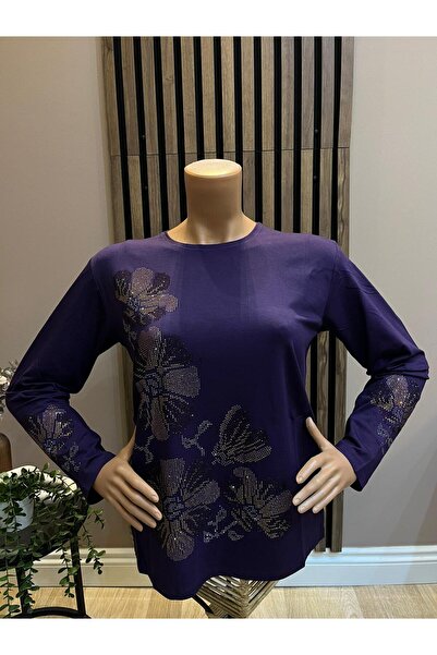 AKMAVİ Women's Middle Age and Above Viscose Colorful Leaf Patterned Stoned St...