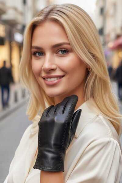 Mood Agenda Women's Embroidered Patterned Lined Genuine Leather Gloves