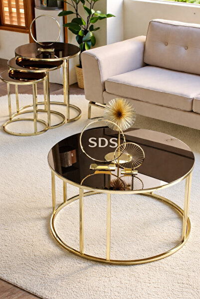 SEDAŞ LIVING UNITS 4 Lü Bronz Ayna Gold Metal Ayaklı Ayna C Model Sehpa Takım...