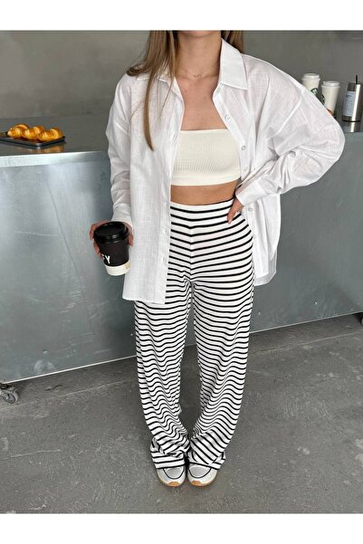 SPICA STORE Çizgili Yüksek Bel Triko Pamuklu Bol Paça Pantolon