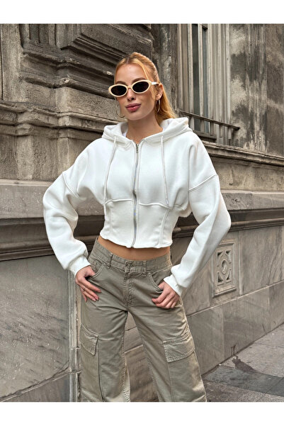 Cool & Sexy Women's Ecru Zippered Hoodie Sweatshirt