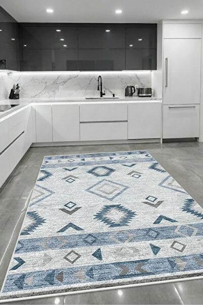 CENTER AVM Mavi Halı Mutfak Halısı Makinede Yıkanabilir Halı Kaymaz Taban Halı