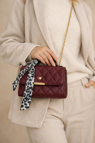 Tabris Luxary Bordo Kapitone Kadın Omuz Çantası – Zincir Askılı Şallı Mini El...