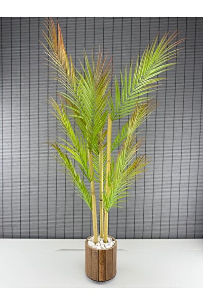 Bahçem Dekoratif Yapay Yapraklı Areka Palmiye Ağacı Ahşap Saksılı 3 Gövde 90cm