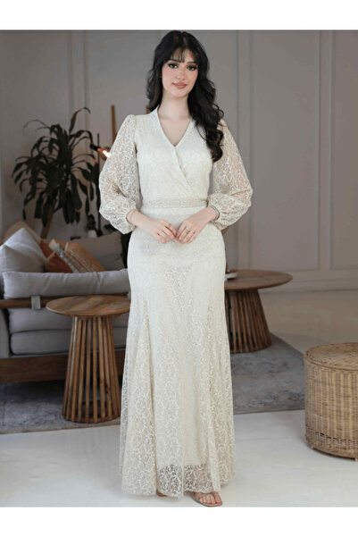 Nice Model Elegant Lace Evening Dress Long Sleeve Wrap Style Formal Gown Off-...
