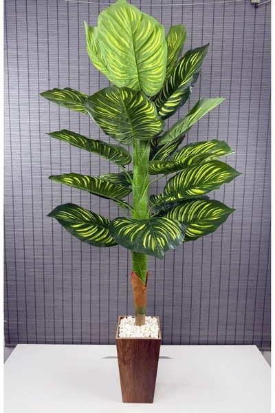 Bahçem Yapay Yapraklı Dua Çiçeği Tropik Sarı Şeritli Salon Bitkisi Konik Ahşa...