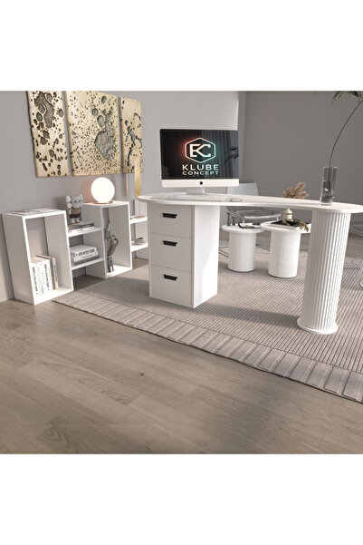 klubeconcept Athena Kolon Ayaklı Beyaz Çalışma Masası Ofis Takımı %100 MDF