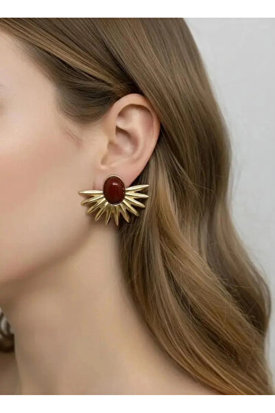 Dorvina Brass Gold Color Burgundy Detailed Vintage Design Sun Women's Earrings