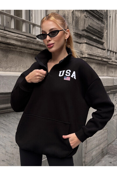 Cool & Sexy Usa College Black Zippered Oversized Sweatshirt