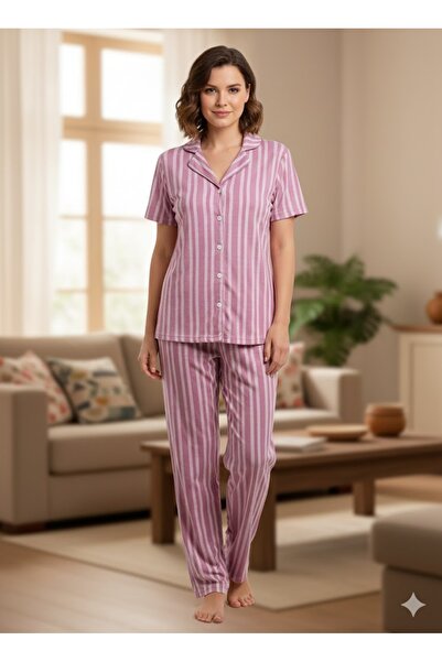 FAMES PİJAMA Set de pijamale cu nasturi în dungi de vară pentru femei