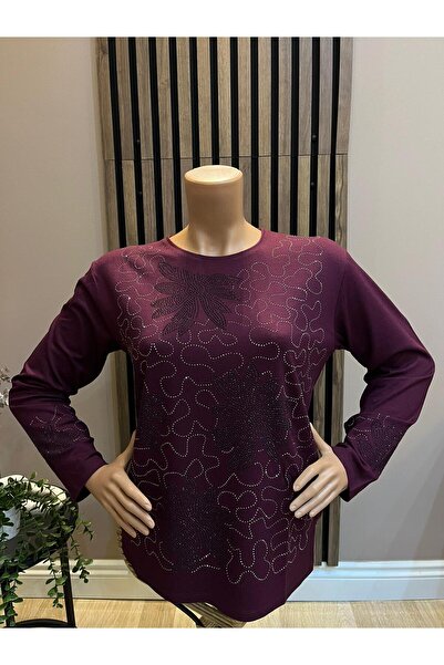 AKMAVİ Kadın Orta Yaş Ve Üzeri 3 Yapraklı Taşlı Bej Anne Penye Bluz