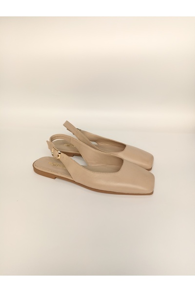 ezmoda Square Toe Genuine Leather Open Back Sandals Ballet Flats