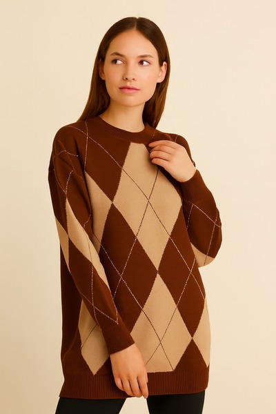 Noreva Kadın Triko Kazak Argyle Desenli - Sıcak Tutan Günlük