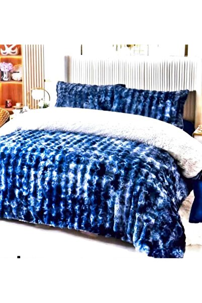 Romania Thick Quilt with Faux Rabbit Fur 200X230cm, 2 Pillowcases 50x70cm BLUE