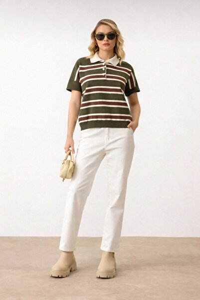 threeoff Γυναικείο μπλουζάκι με κουμπιά, λαιμόκοψη πόλο, ριγέ, oversized πλεκ...