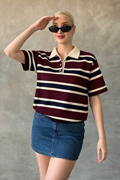 threeoff Γυναικείο μπλουζάκι με κουμπιά, λαιμόκοψη πόλο, ριγέ, oversized πλεκ...