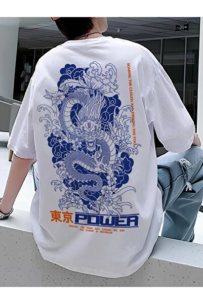 Unisex Kadın/Erkek POWER Özel Baskılı Oversize Pamuklu Bisiklet Yaka Penye T-Shirt