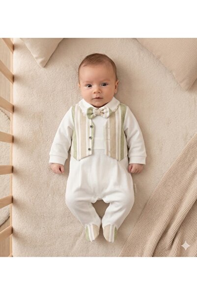 Babydola Baby Boy Romper Vest-Style with Bow Tie, 100% Cotton, Plaid Detail