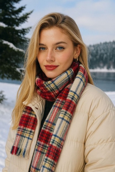 Kokoş Plaid Patterned Puff Thick Shawl