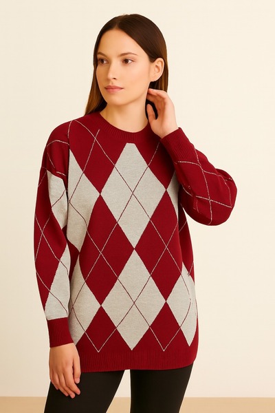 Noreva Kadın Triko Kazak Argyle Desenli - Sıcak Tutan Günlük