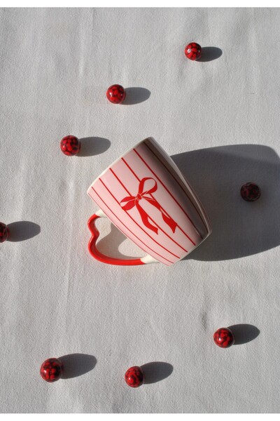 Qualitev 1 Piece Ribbon Mug Ceramic Tea Coffee Cup 330 ml Ribbon Valentine's Day