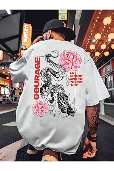 Unisex Kadın/Erkek COURAGE Özel Baskılı Oversize Pamuklu Bisiklet Yaka Penye T-Shirt