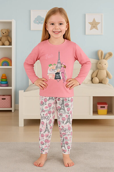 Little Miny Kids Paris Pattern 100% Cotton Pink Girls Pajama Set
