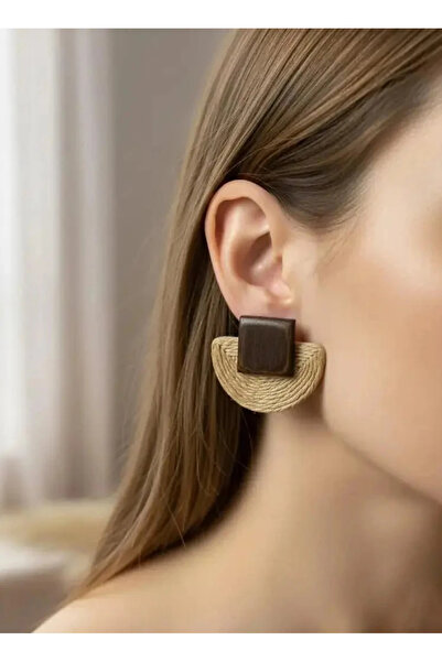 Dorvina Brown Wooden Straw Detailed Vintage Design Women's Earrings