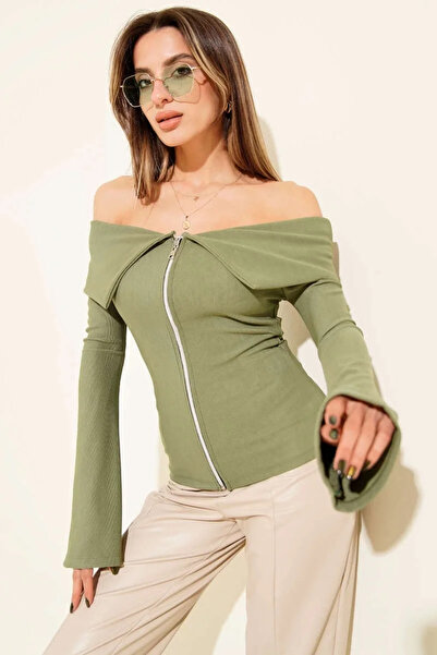 BLACK MODBLACK Off shoulder zippered blouse khaki t4330