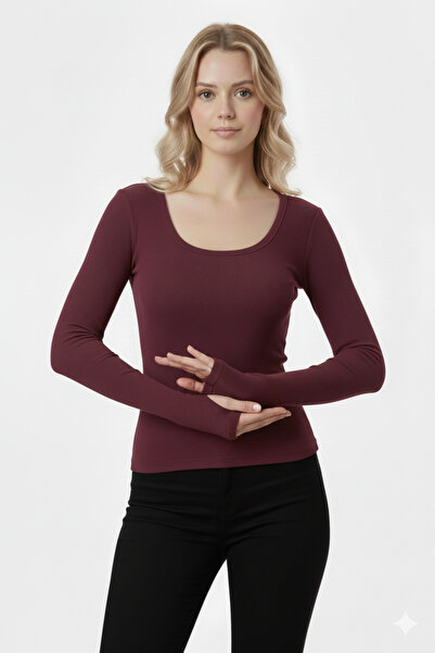 RİEMA Kadın Parmak Detaylı Parmak Geçmeli Bordo %100 Pamuk Fitilli Kumaş U Ya...