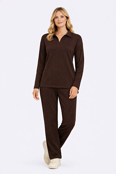 NEWORGINAL Γυναικείο σετ με κορδόνια, λαιμόκοψη πόλο, μακρυμάνικο, άνετη εφαρ...