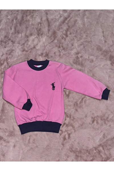 indispensablely 1-7 Years Old Armalı Crew Neck Navy Blue Piped Sweatshirt Pink