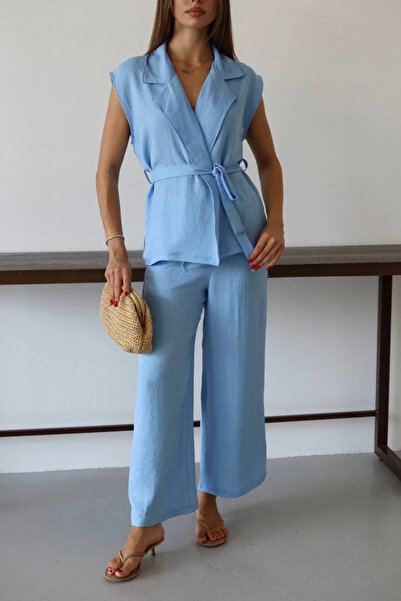 BLACK MODBLACK Ozbay Linen Vest Pants Set Blue Pt 1152714