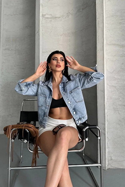 BLACK MODBLACK Ozbay double pocket foldable snow wash crop denim jacket ice b...