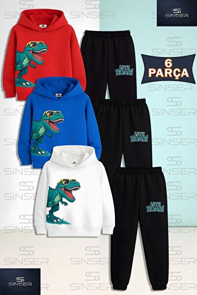 SS SİNSER Children's Unisex Green Side-Striped Tracksuit with Dinosaur Glasse...