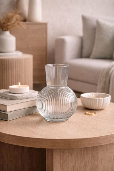 plant-home Dekoratif Cam Vazo – Çizgili Şeffaf Cam, Kesme Çiçek Vazosu Dekoratfi