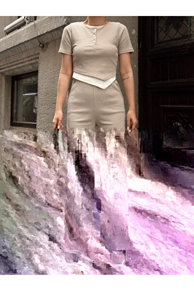 BLACK MODBLACK Button Collar Beige Bottom Top Set S3943