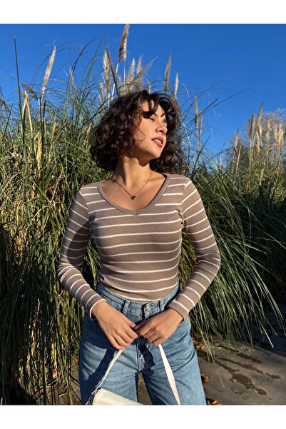 BLACK MODBLACK Ozbay V-Neck Striped Bluse Beige A3699 1152714