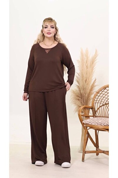 garajmood Brown Gamzeli Lace Detailed Plus Size Bottom-Top Set