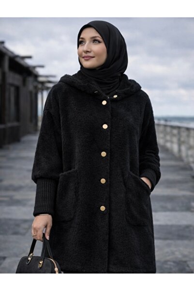 Laurella KAPÜŞONLU DÜĞMELİ YUMUŞAK DOKULU PREMİUM ANGORA KABAN