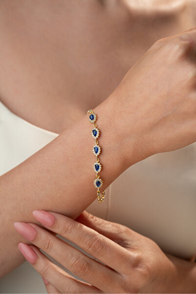 Two Arts Kadın Gümüş Bileklik Yeşil Zirkon Doğum Taşlı Damla Kesim Sıralı